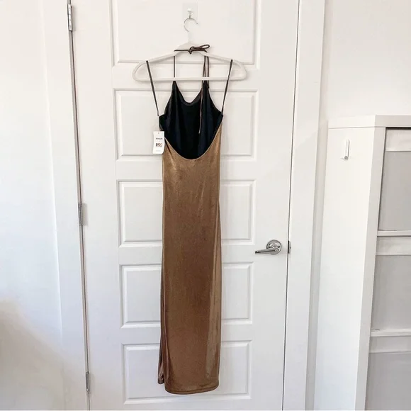 NEW NBD Bronze Metallix Maxi Dress Halter